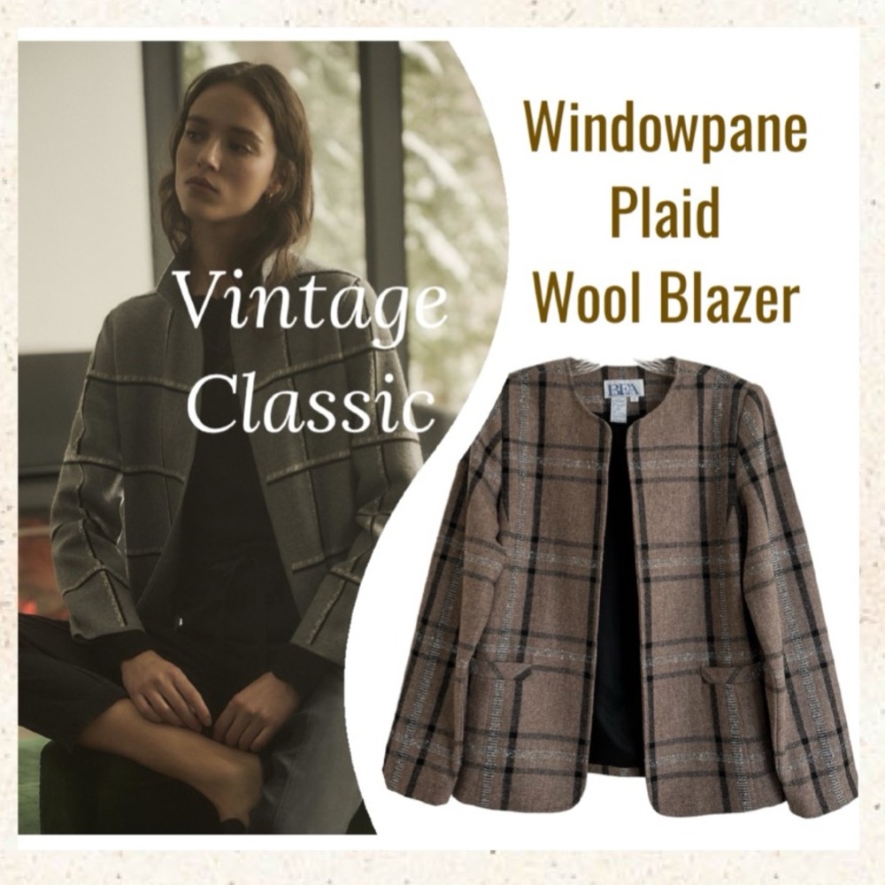 Vintage Windowpane Plaid Wool Blazer in Brown and Black